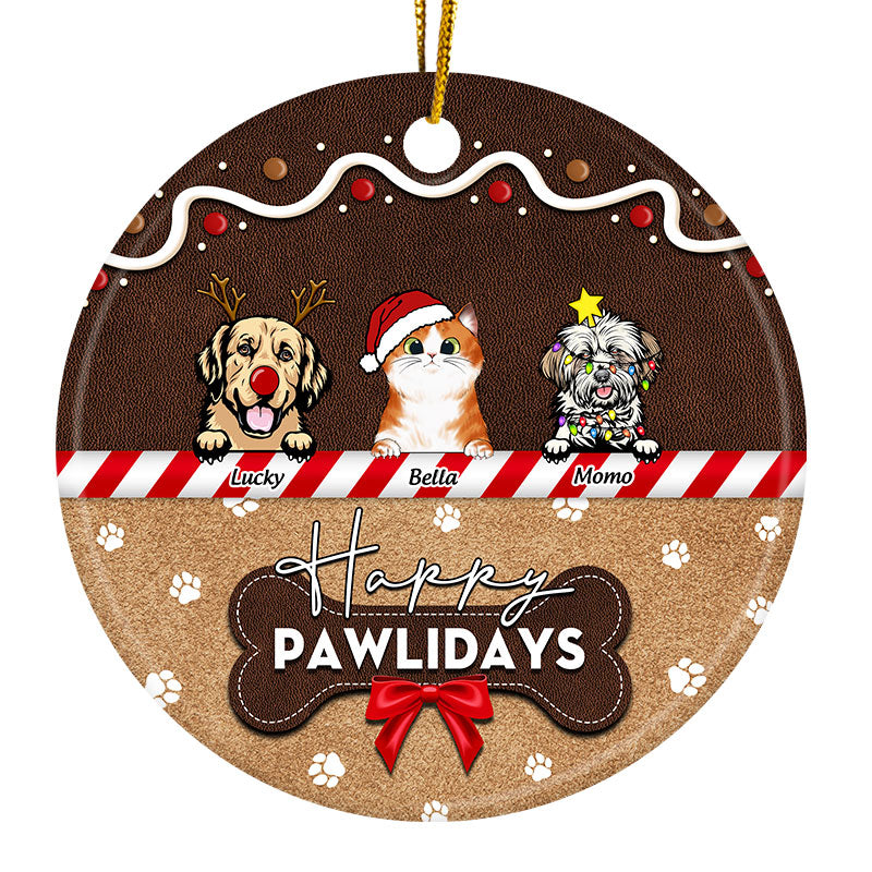 Dog & Cat Lovers Happy Pawlidays - Christmas Gift For Pet Lovers - Personalized Custom Circle Ceramic Ornament