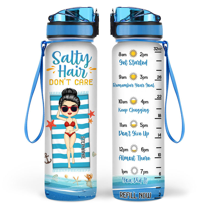 Chibi Girl Salty Hair Don't Care - Personalized Custom Water Tracker Bottle