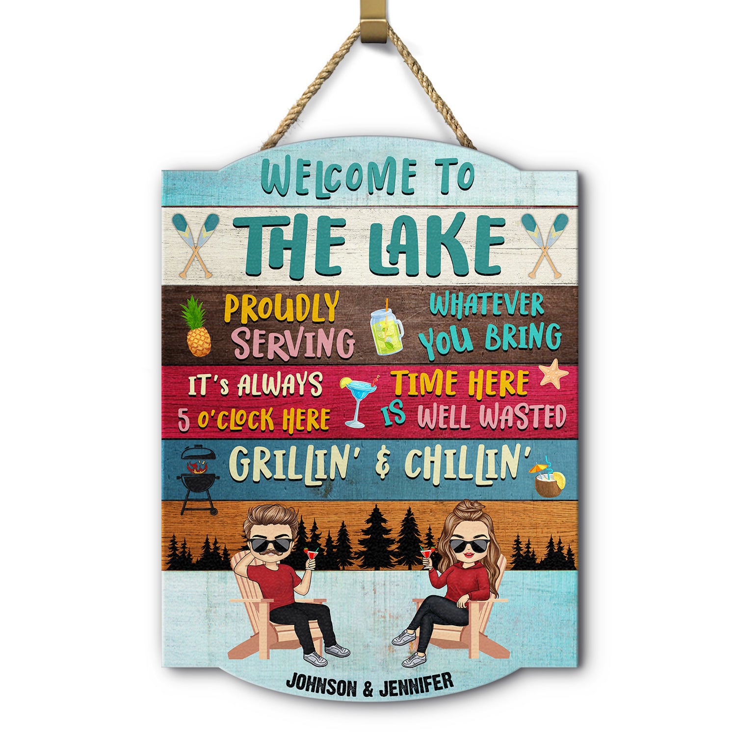 Proudly Serving Time Here Is Well Wasted - Lake House, Pool House Decor - Personalized Custom Shaped Wood Sign