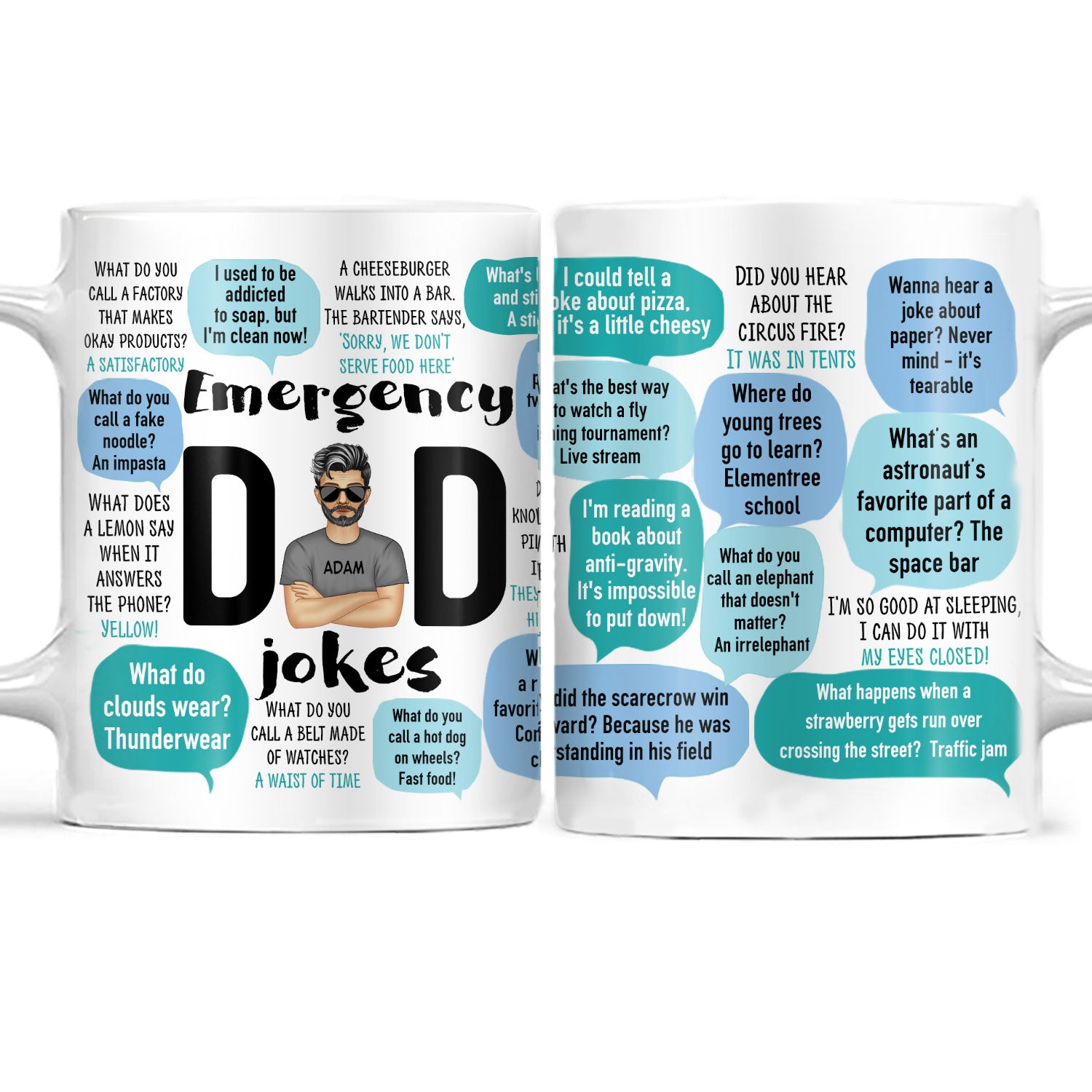 Funny Emergency Dad Jokes - Birthday, Anniversary, Family Gift For Daddy, Father, Grandpa, Husband, Men - Personalized Custom White Edge-to-Edge Mug
