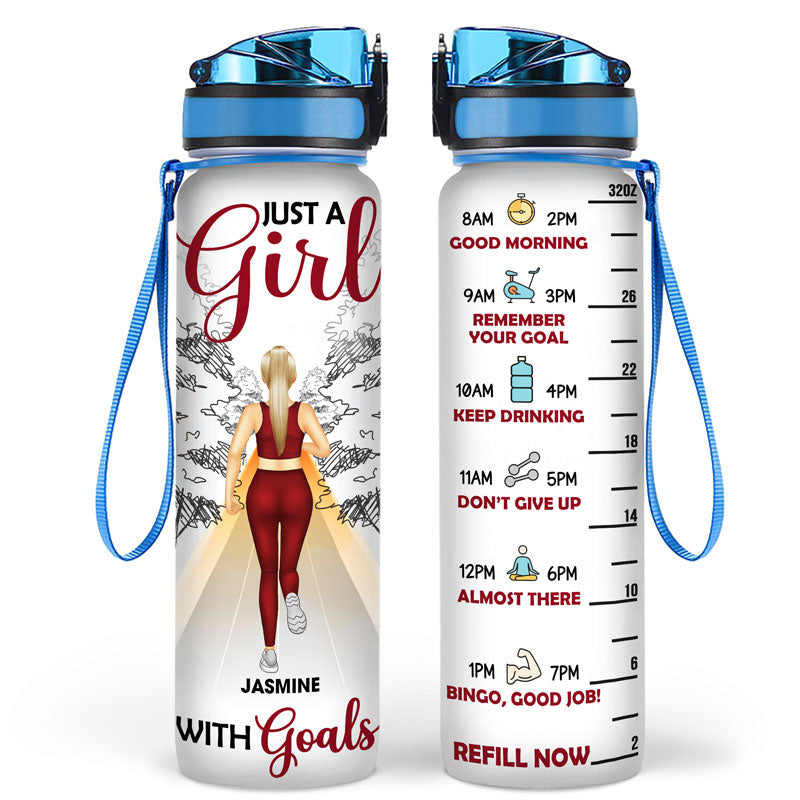 Running Girl Just A Girl With Goals - Gift For Running Lovers - Personalized Custom Water Tracker Bottle
