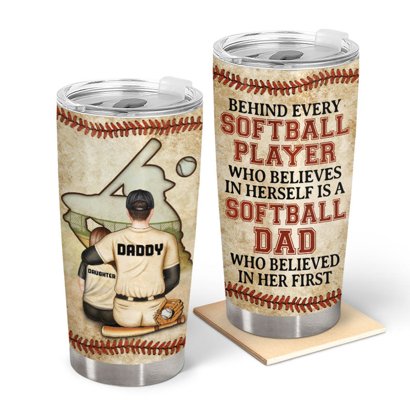 Wander Prints Fathers Day Gifts - Birthday Gifts for Dad & Fathers Day Gifts From Daughter - Dad Gifts From Kids Father's Day Gifts -	Stainless Steel Softball Tumbler 20oz Dad Birthday Gifts From Daughter, Behind Softball Player Travel Coffee Mug With Lid