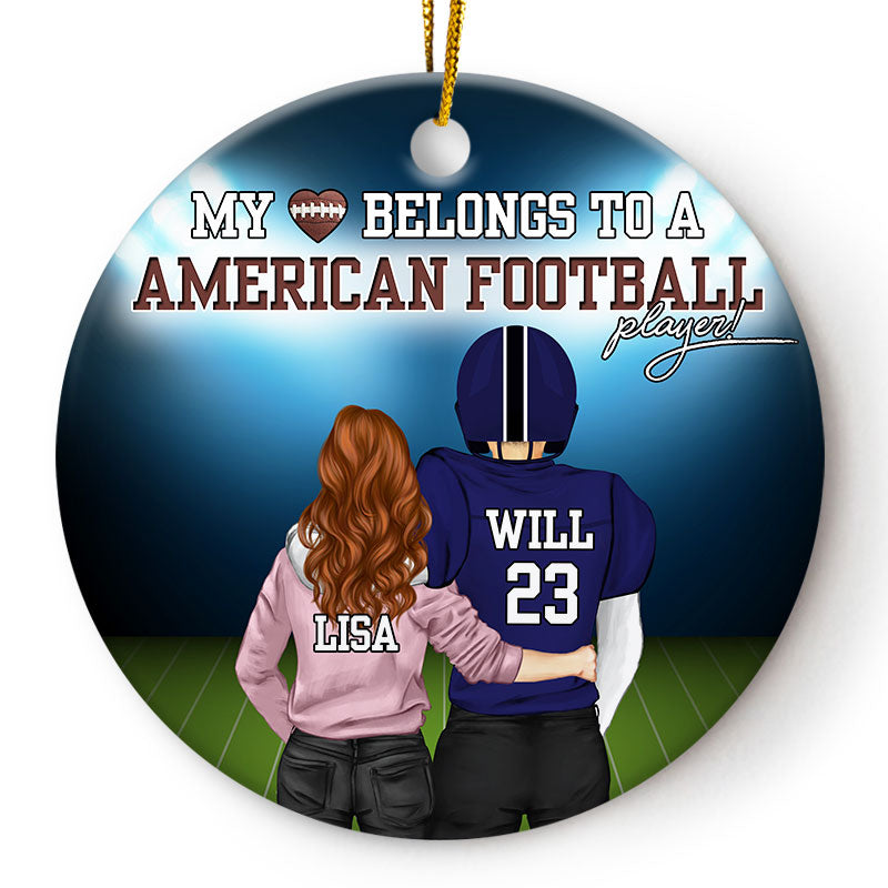Baseball American Football My Heart Belongs To - Couple Gift - Personalized Custom Circle Ceramic Ornament