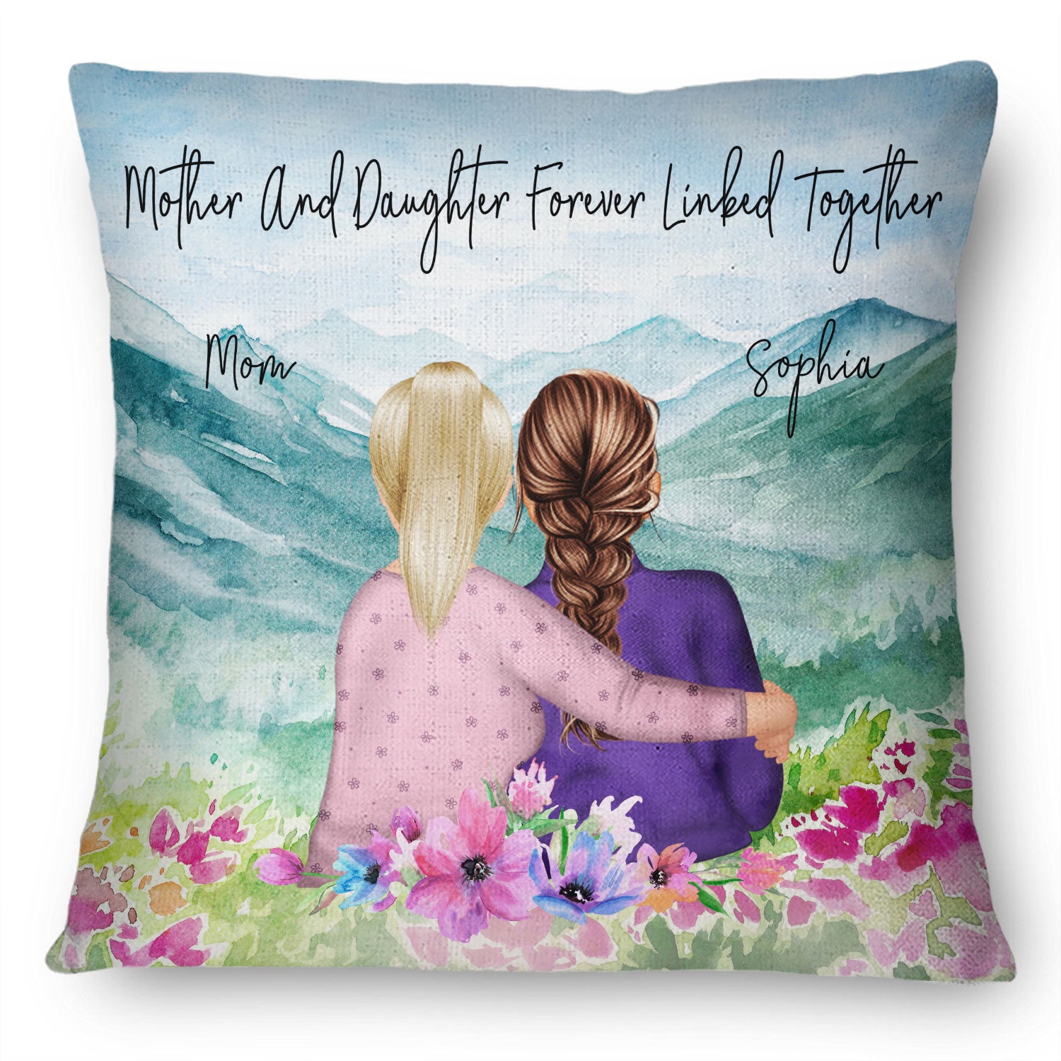 Mother & Daughter Forever Linked Together Watercolor Style - Gift For Mom, Daughter & Grandma - Personalized Custom Pillow