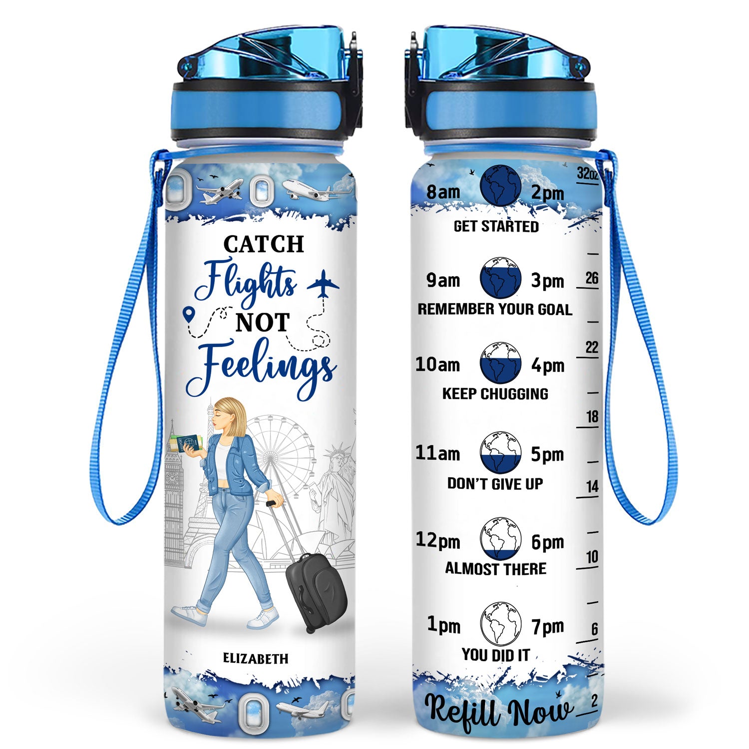 Catch Flights Not Feelings - Birthday Gift For Him, Her, Trippin', Vacation Lovers - Personalized Custom Water Tracker Bottle