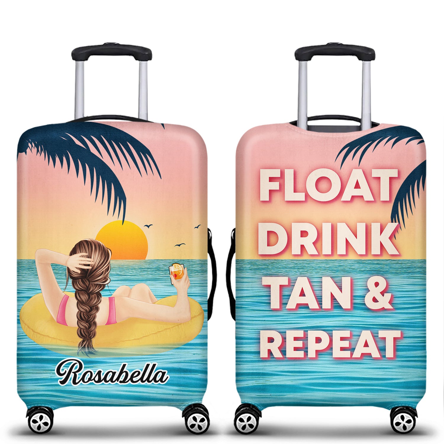 Float Drink Tan & Repeat Summer Beach Vibes - Gift For Her, Yourself, Girlfriend, Traveling Lovers - Personalized Custom Luggage Cover