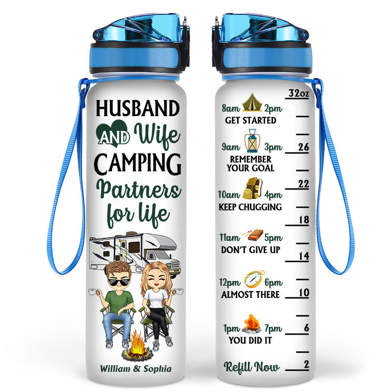 Husband And Wife Camping Partners For Life - Couple Gift - Personalized Custom Water Tracker Bottle