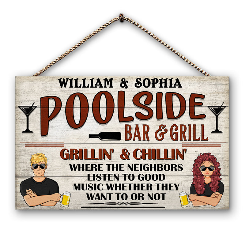 Bar & Grill Where The Neighbor - Swimming Pool Decor - Personalized Custom Wood Rectangle Sign