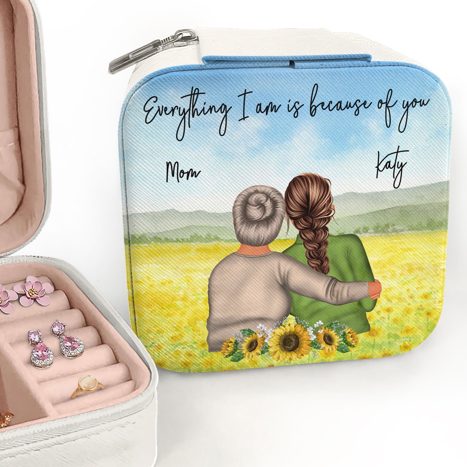 Mom Everything I Am Is Because Of You Watercolor Style - Birthday, Family Gift For Mother, Daughter, Grandma, Women - Personalized Custom Jewelry Box