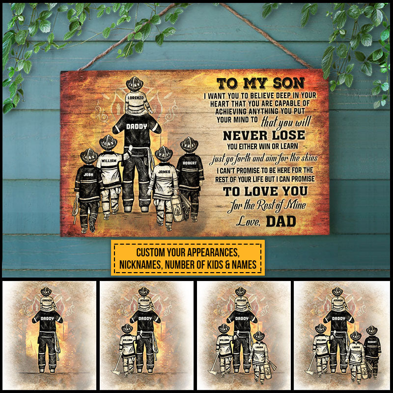 Personalized Firefighter Dad And Child Never Lose Custom Wood Rectangle Sign
