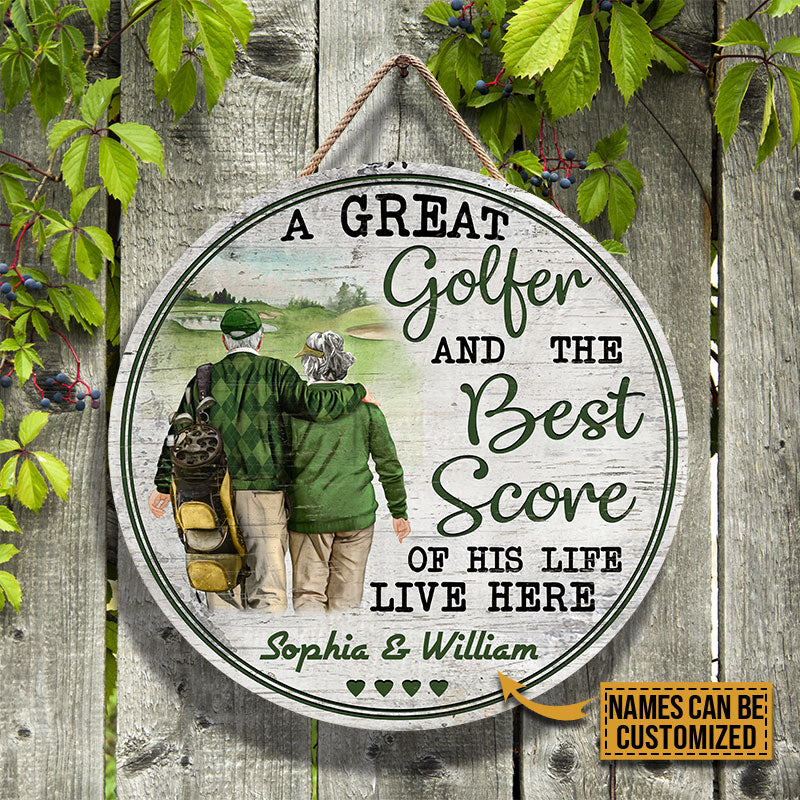Personalized Golf Old Couple The Best Score Custom Wood Circle Sign