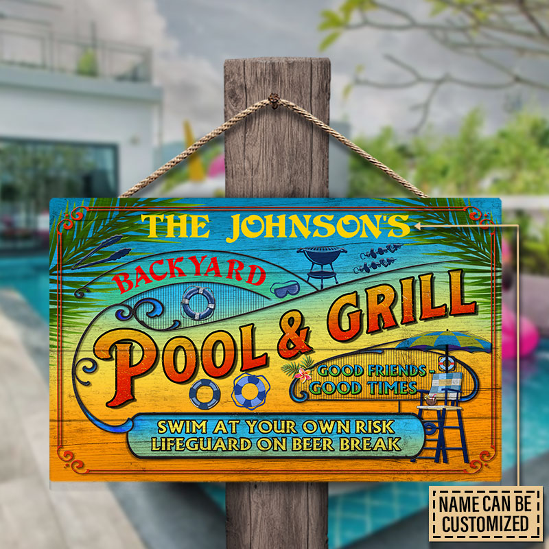 Personalized Pool Grilling Backyard At Your Own Risk Summer Custom Wood Rectangle Sign
