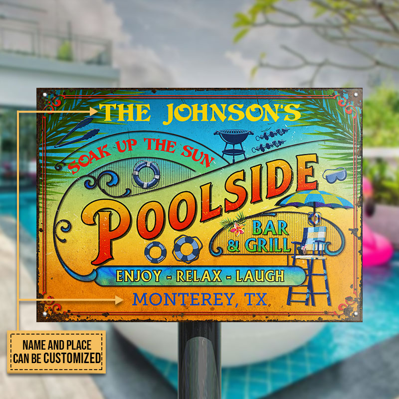 Personalized Pool Summer Vibe Bar & Grill Custom Classic Metal Signs