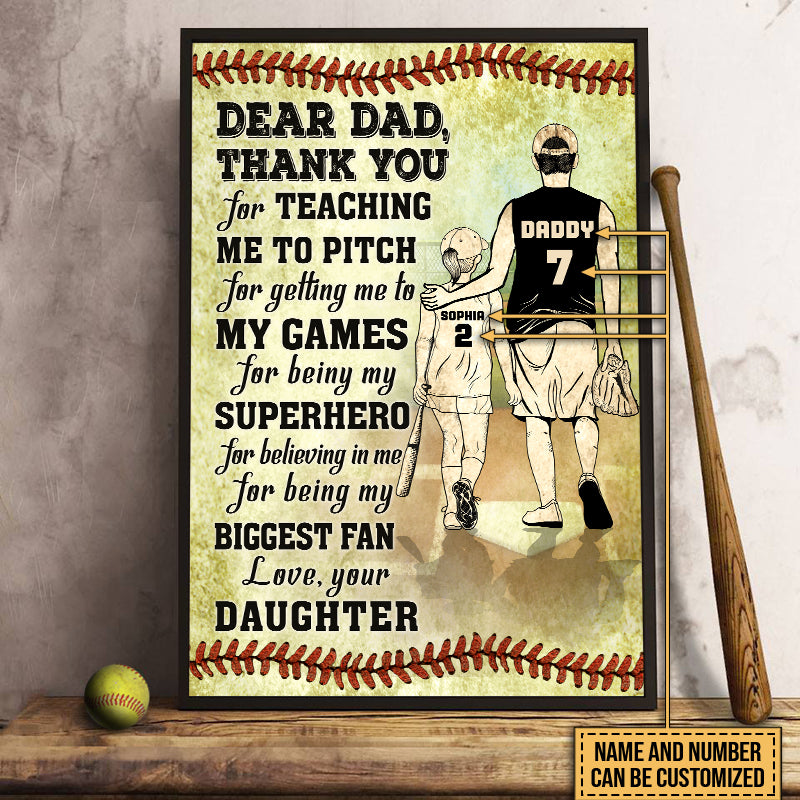 Personalized Softball Dad And Daughter Thank You Customized Poster