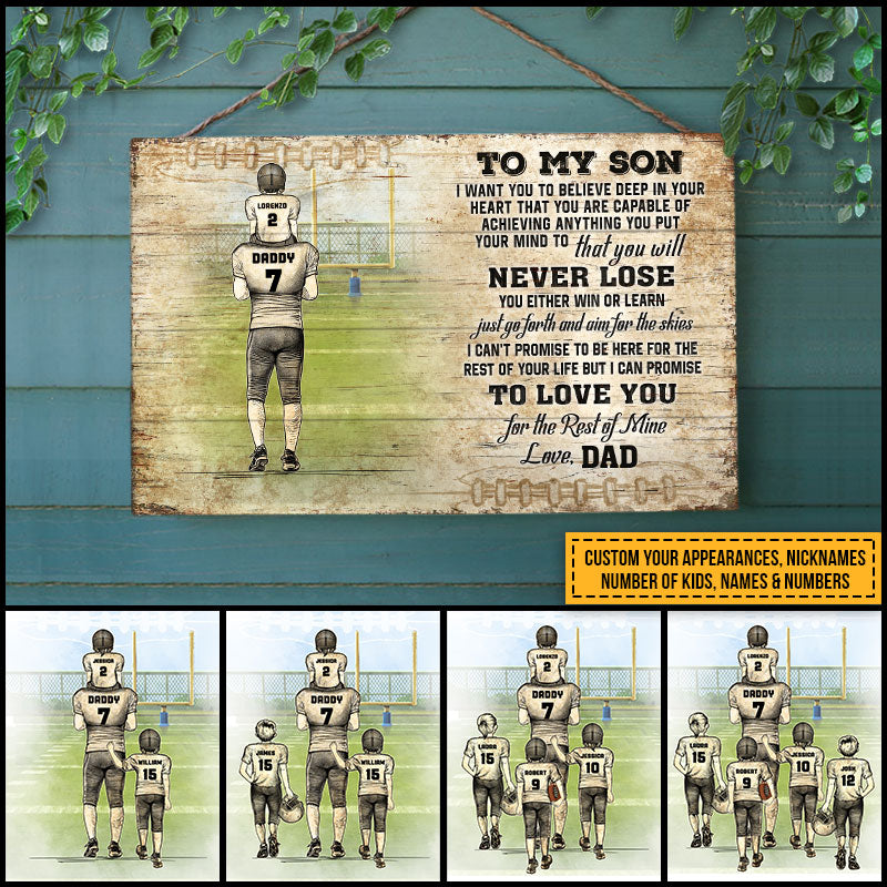 Personalized American Football Dad And Child Never Lose Custom Wood Rectangle Sign