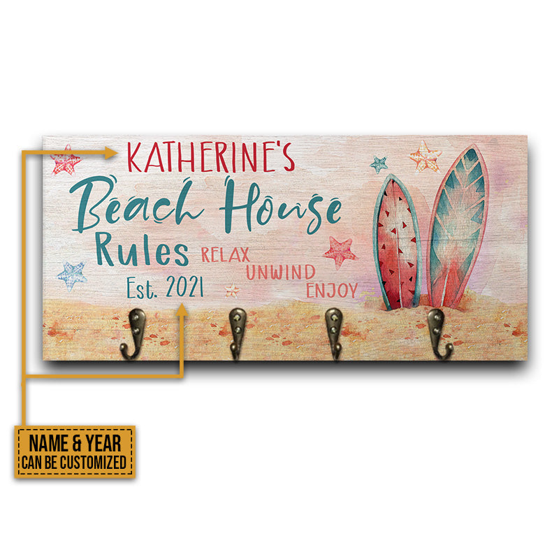 Surfing Beach House Rules Personalized Custom Wood Key Holder, Home Surf, Beach House Decoration