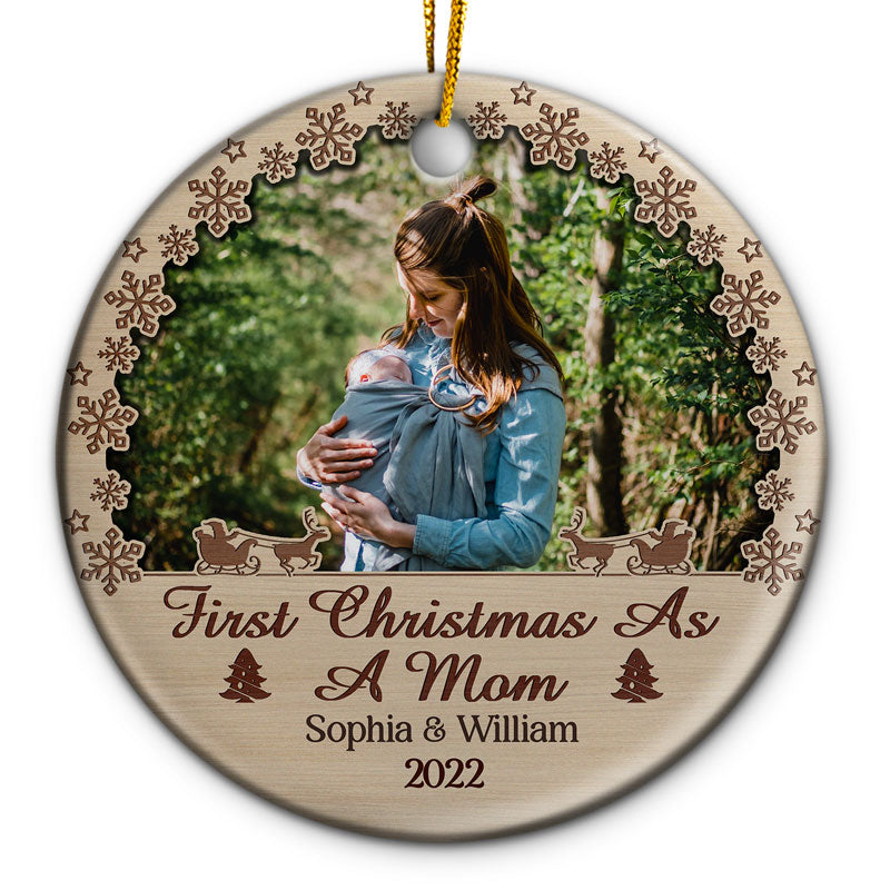 Custom Photo First Christmas As Mom Dad Grandparents - Christmas Gift For Family - Personalized Custom Circle Ceramic Ornament