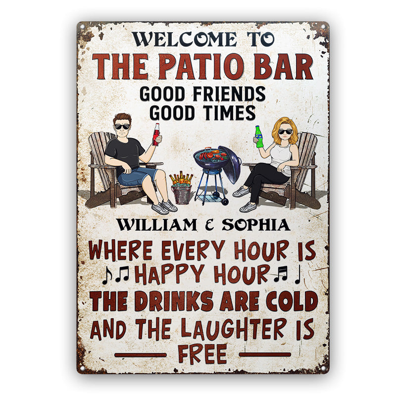Patio Grilling Where Every Hour Is Happy Hour Couple Husband Wife - Backyard Sign - Personalized Custom Classic Metal Signs