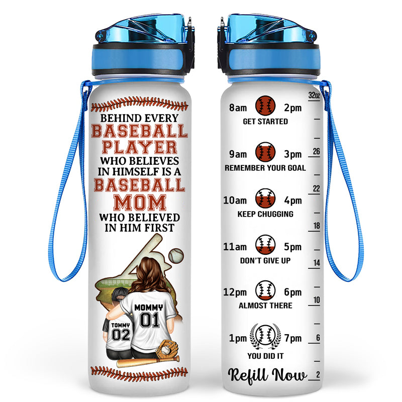 Baseball Mom Behind Every Baseball Player - Gift For Mother - Personalized Custom Water Tracker Bottle
