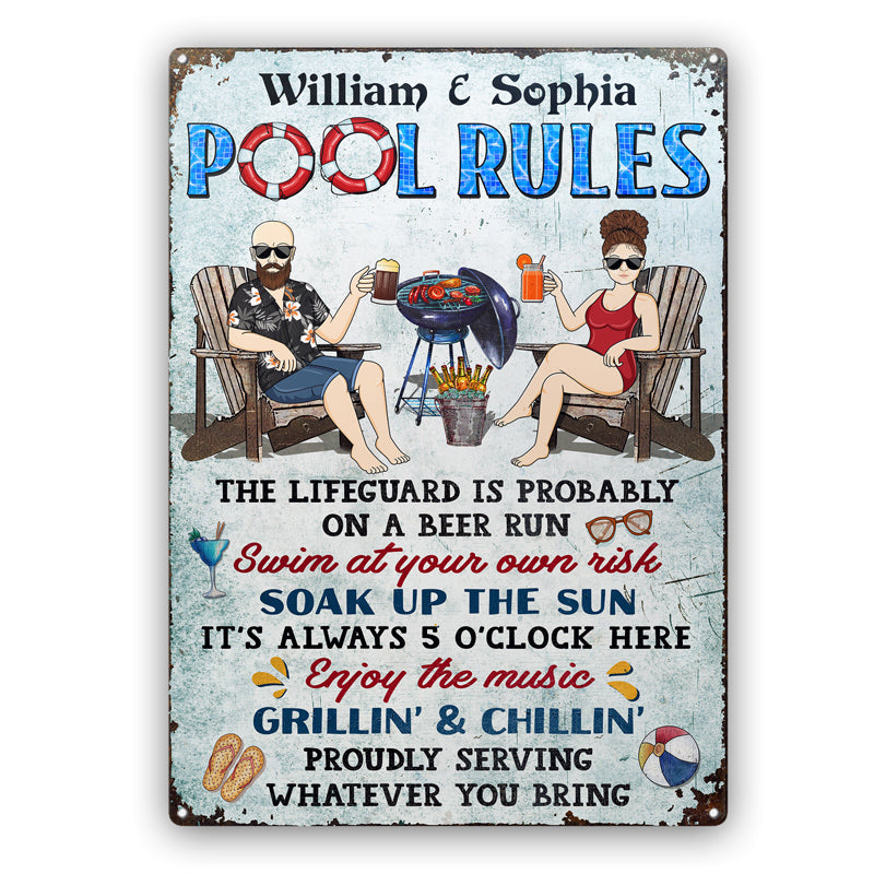 Pool Rules Swim At Your Own Risk Grilling Couple Husband Wife Pride - Backyard Sign - Personalized Custom Classic Metal Signs