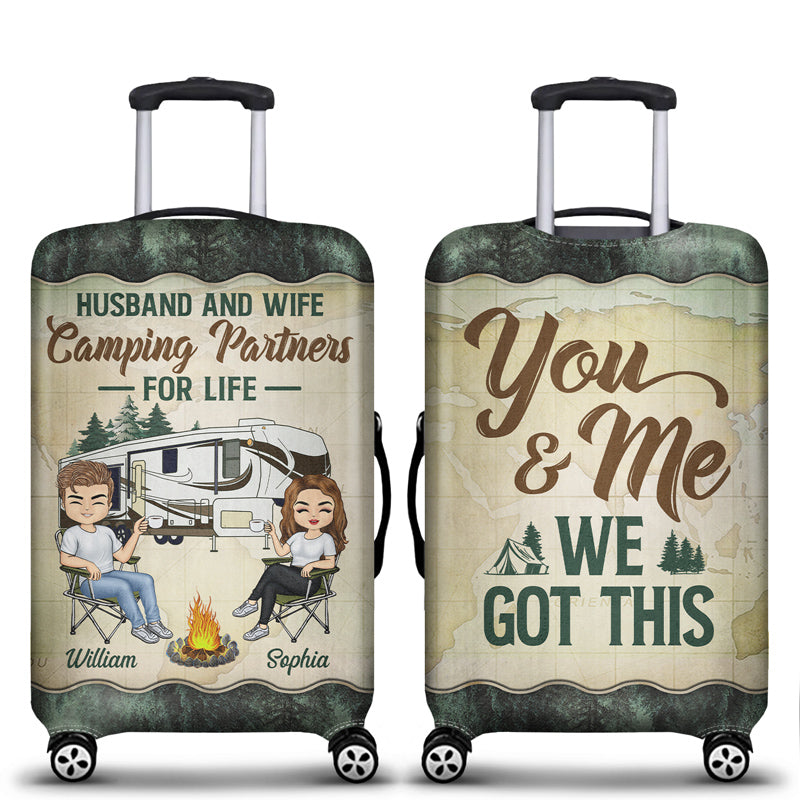 Husband And Wife Camping Partners For Life Chibi Husband Wife Traveling - Couple Gift - Personalized Custom Luggage Cover