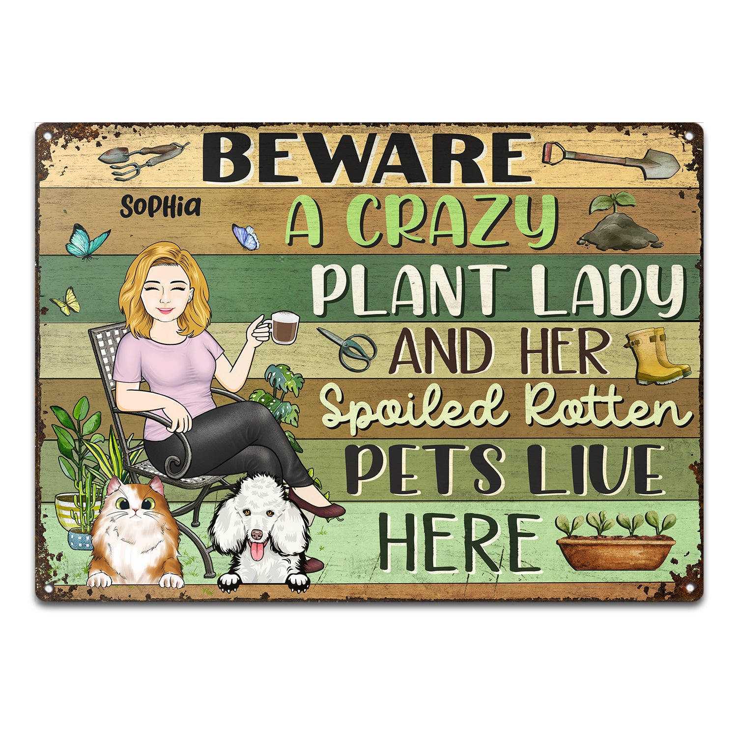 Beware A Crazy Plant Lady & Her Spoiled Rotten Dogs Cats Live Here Gardening - Garden Sign, Birthday, Housewarming Gift For Her, Him, Gardener, Outdoor Decor - Personalized Custom Classic Metal Signs