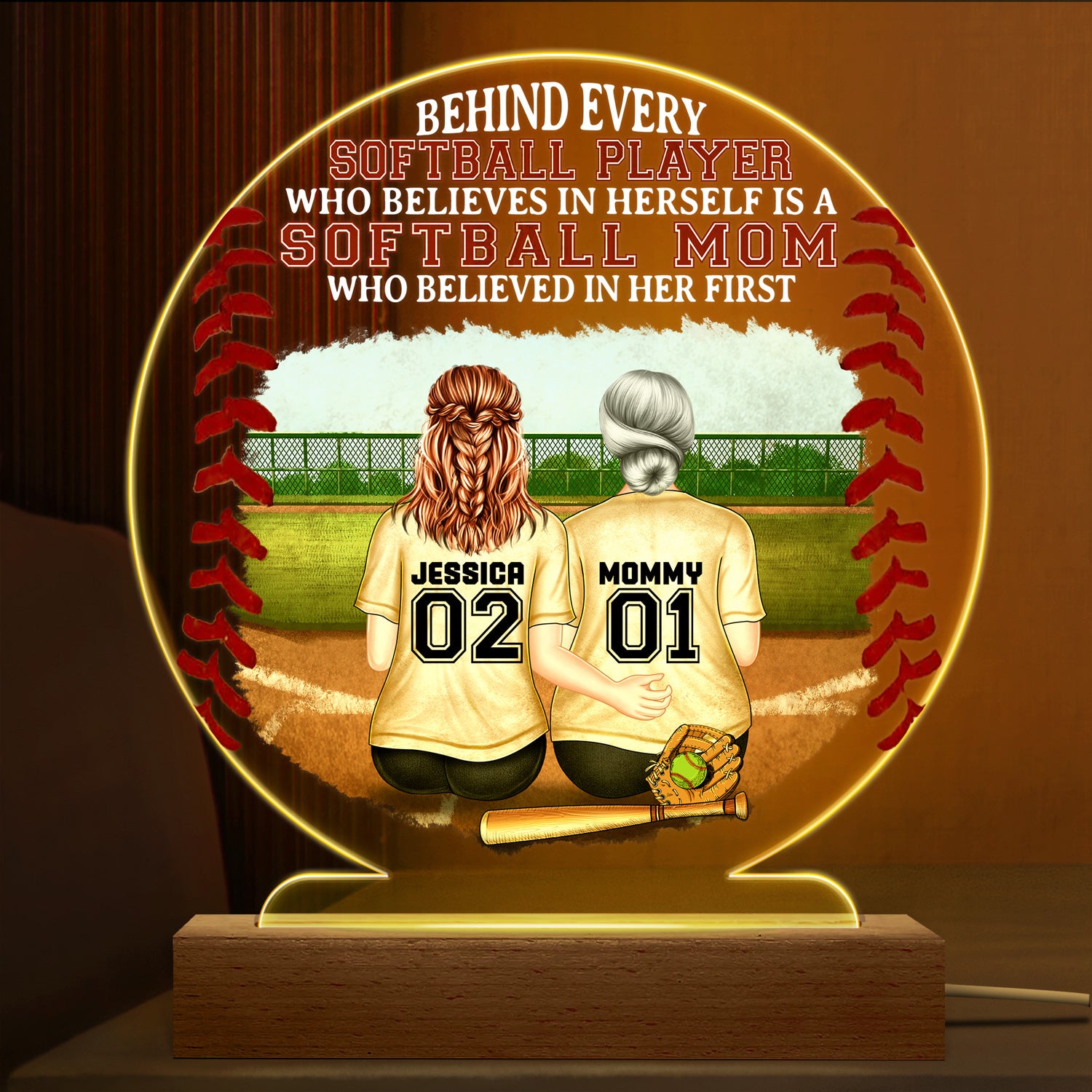 Every Softball Player Who Believes In Old Mom - Birthday, Loving Gift For Sport Fan, Mom, Mother - Personalized Custom 3D Led Light Wooden Base