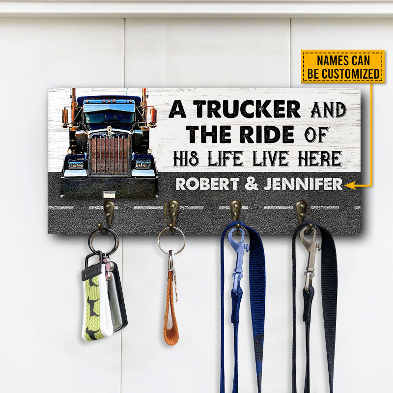 Trucker Couple The Ride Live Here Personalized Custom Wood Key Holder