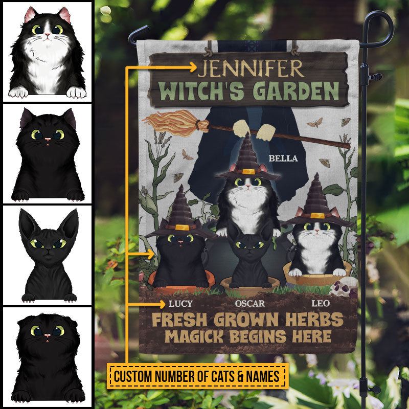 Witch Garden Magick Begins Here With Black Cat Custom Flag, Personalized Witch Flag, Black Cat Garden Decor