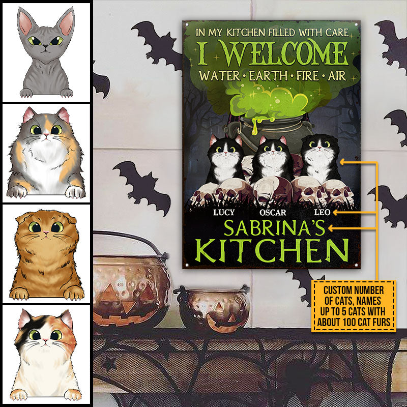 Witch Kitchen Cat Welcome Earth Fire Water Custom Classic Metal Signs, Personalized Witch Sign