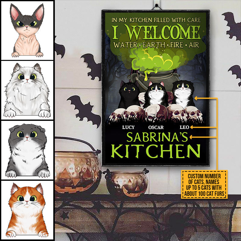 Witch Kitchen Cat Welcome Earth Fire Water Custom Poster, Personalized Witch Wall Art
