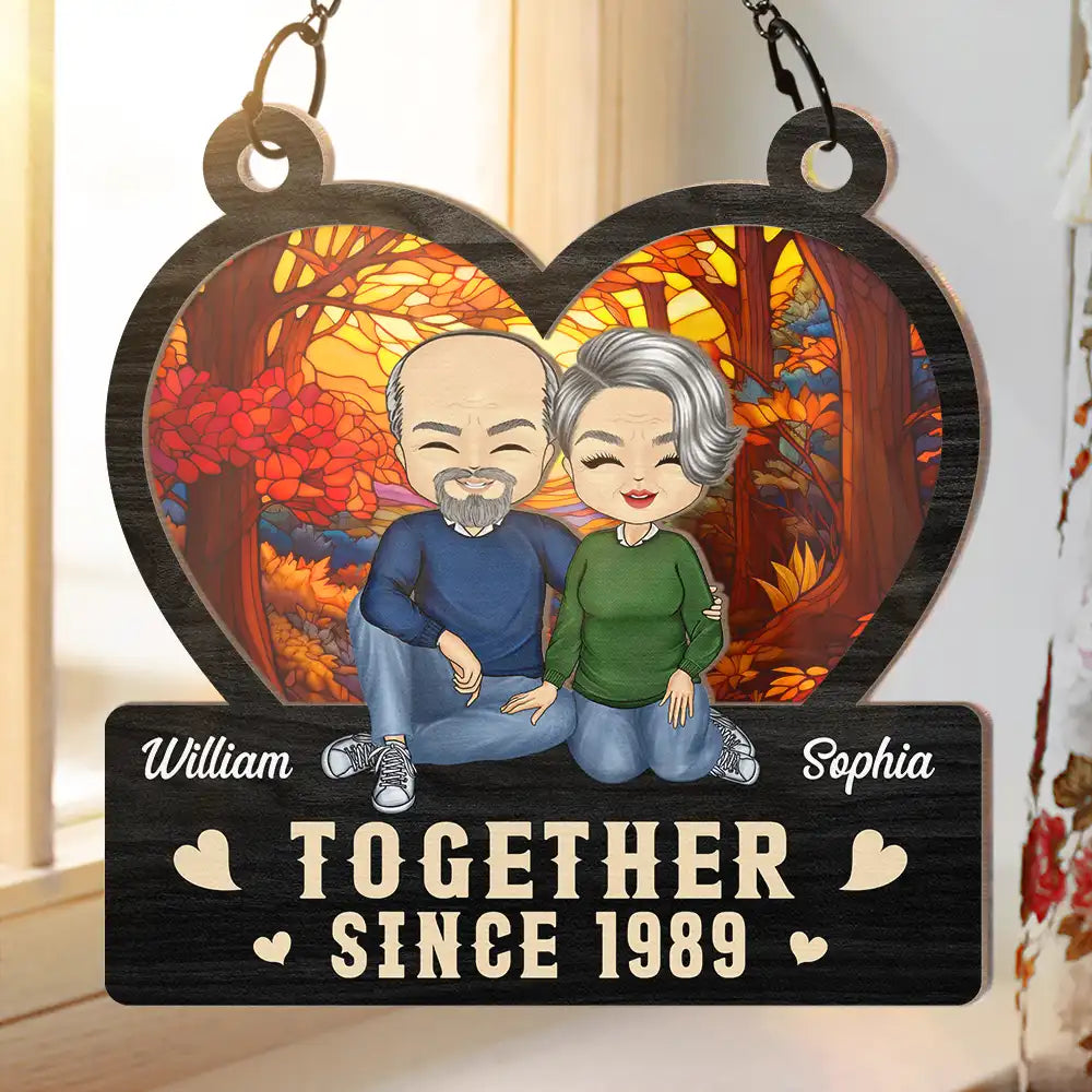 Heart Chibi Old Couple Together Since - Personalized Window Hanging Suncatcher Ornament