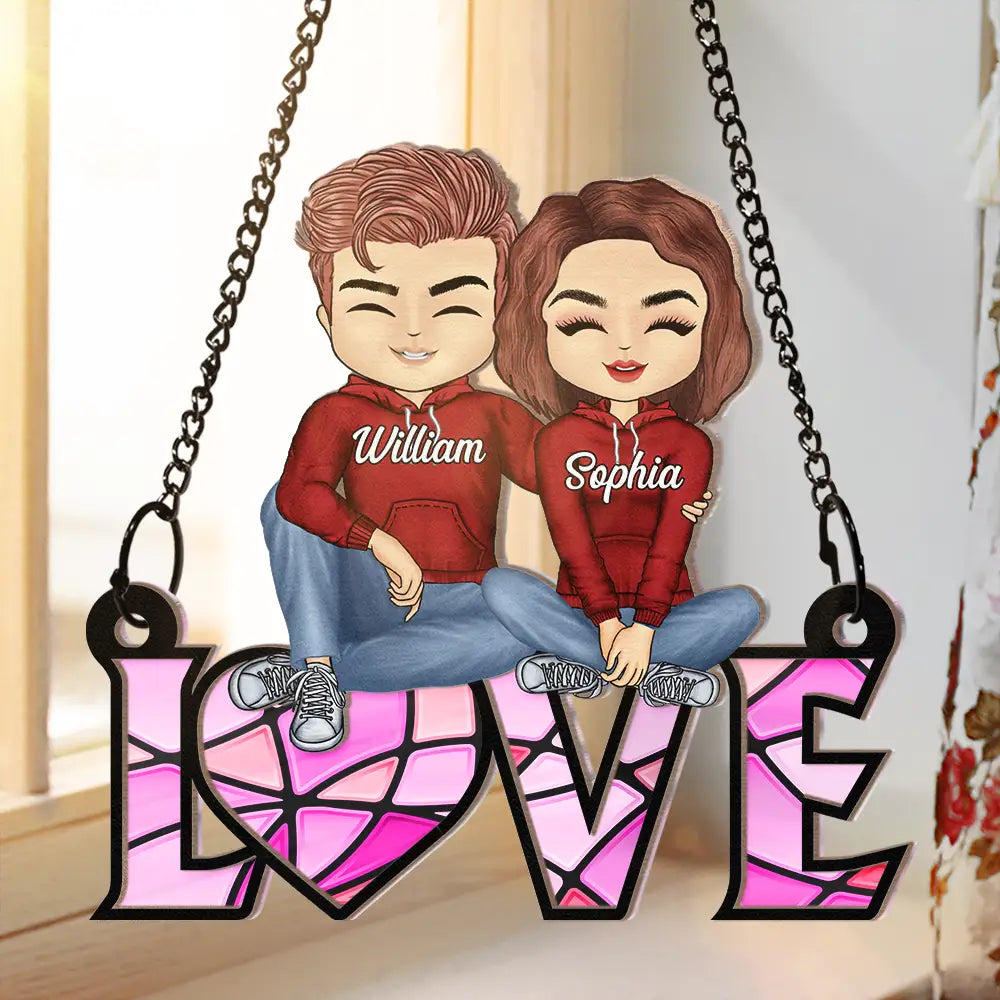 Chibi Couple Love Word Sign - Personalized Window Hanging Suncatcher Ornament