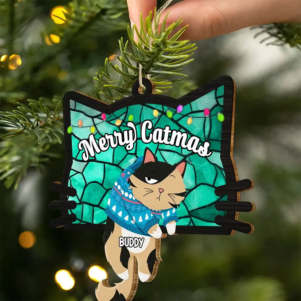 Christmas,Happy,Pet Lovers,Cat Lovers - Hanging Cats Meowy Catmas - Personalized Wooden Cutout Ornament