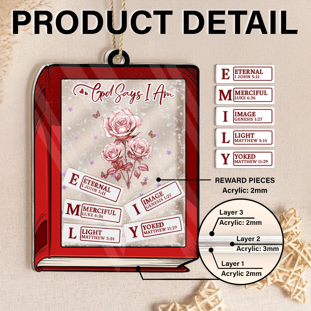 Gift For Yourself, Gift For Women, Happy, Christian, Christmas - God Says I Am Toile De Jouy Birth Flower Book Shape - Personalized 3-Layered Acrylic Shaker Ornament