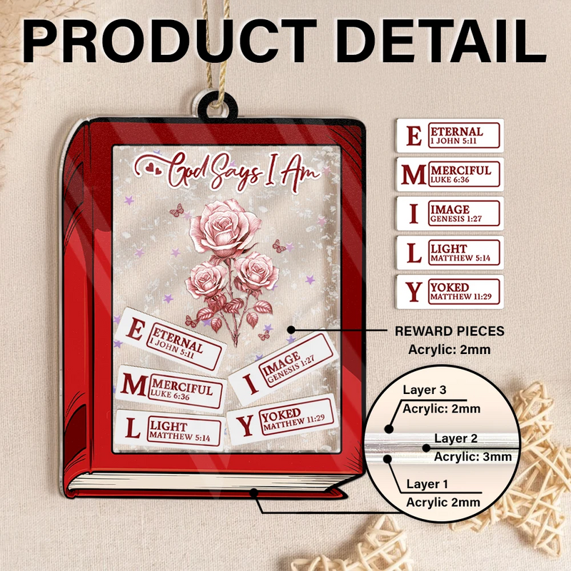 Gift For Yourself, Gift For Women, Happy, Christian, Christmas - God Says I Am Toile De Jouy Birth Flower Book Shape - Personalized 3-Layered Acrylic Shaker Ornament