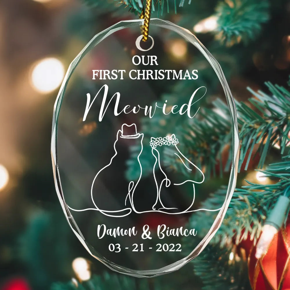 Cat Couple,Cat Lovers,Wedding Anniversary,Happy,Christmas - Our First Christmas Meowied Cat Lover Couple - Personalized Oval Glass Ornament