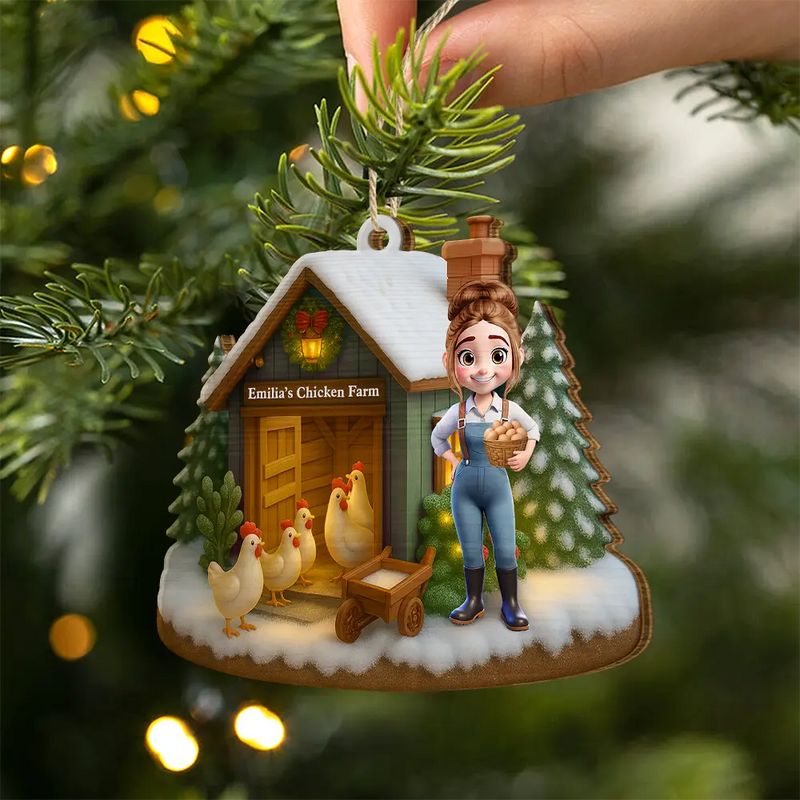 Farm,Gift For Yourself,Christmas,Gift For Women,Gift For Men,Happy - 3D Effect Christmas Chicken Farm - Personalized Custom Shaped Wooden Ornament