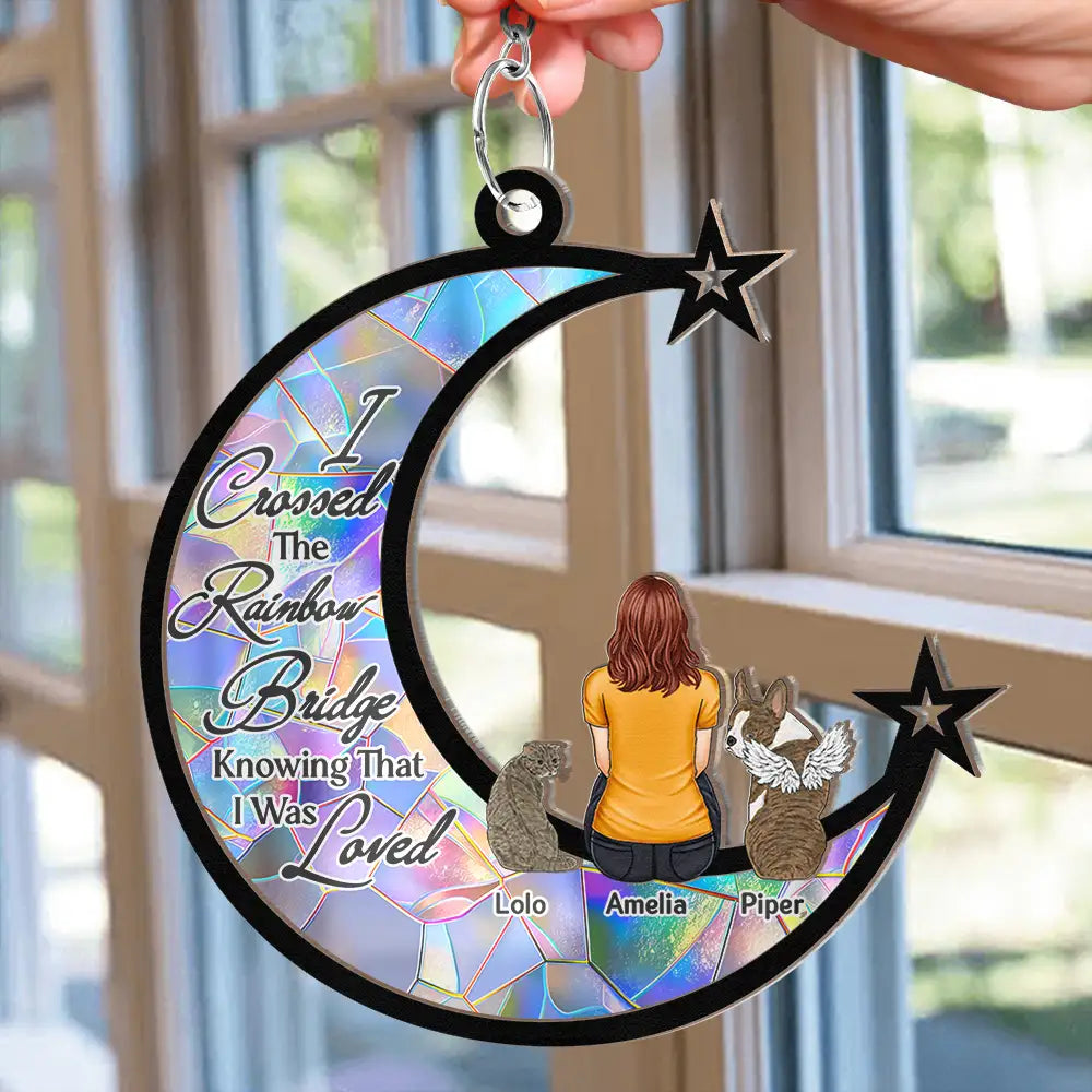 Pet Lovers,Pet Mom,Memorial,Love - Pet Memorial Dog Cat At The Rainbow Bridge - Personalized Window Hanging Suncatcher Ornament