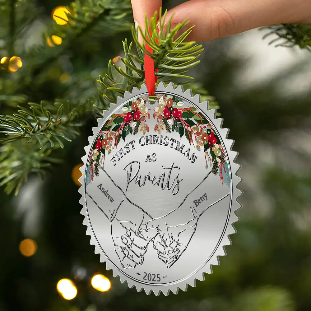 Gift For Couples, Married , Wedding Anniversary, Love - Holding Hands First Christmas Married Couple - Personalized Metal Ornament