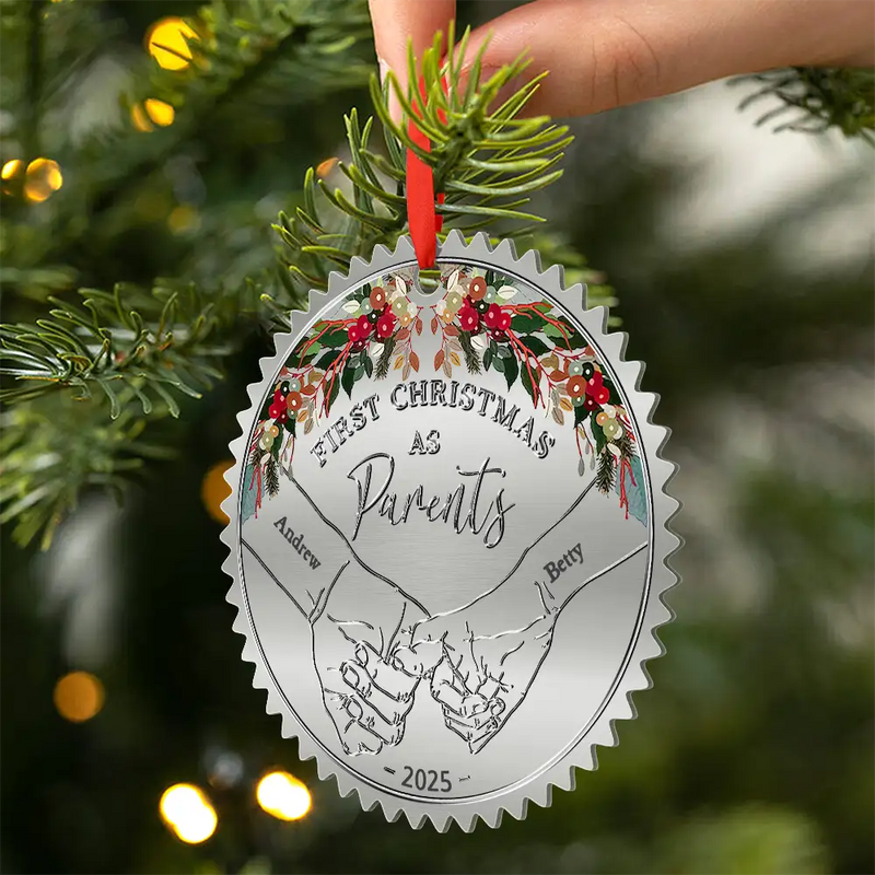 Gift For Couples, Married , Wedding Anniversary, Love - Holding Hands First Christmas Married Couple - Personalized Metal Ornament