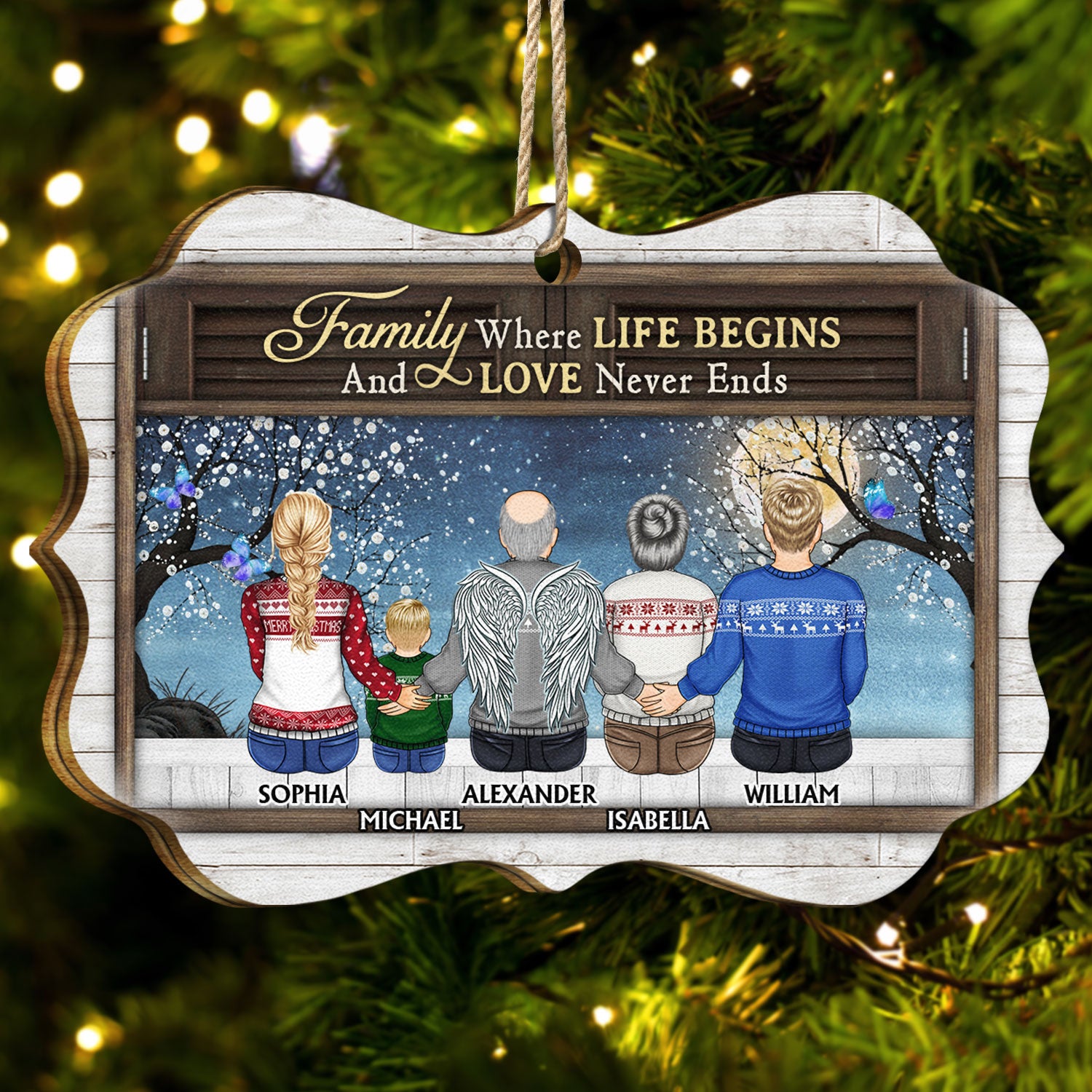 Family Where Life Begins And Love Never Ends - Christmas Memorial Gift - Personalized Medallion Wooden Ornament