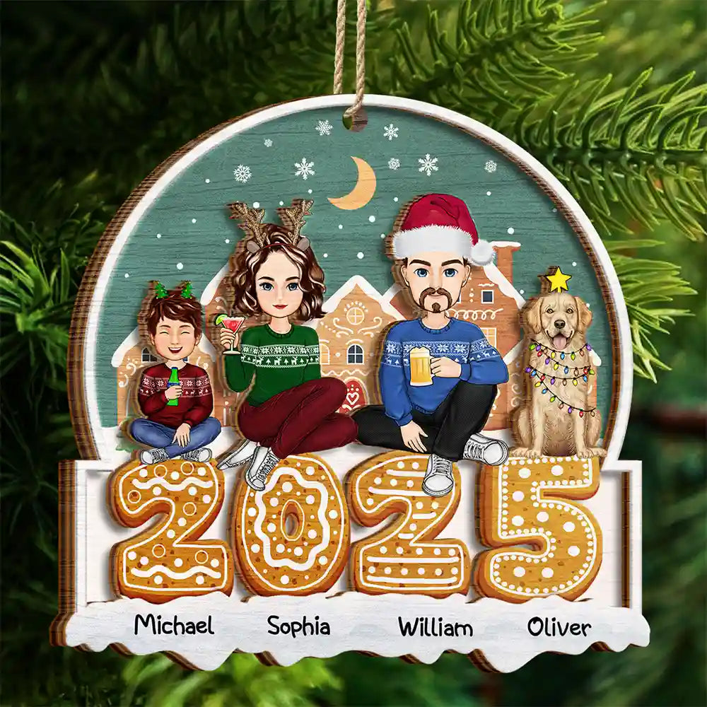 Family - 2025 Cartoon Family And Pet Gingerbread Cookies - Personalized 2-Layered Wooden Ornament