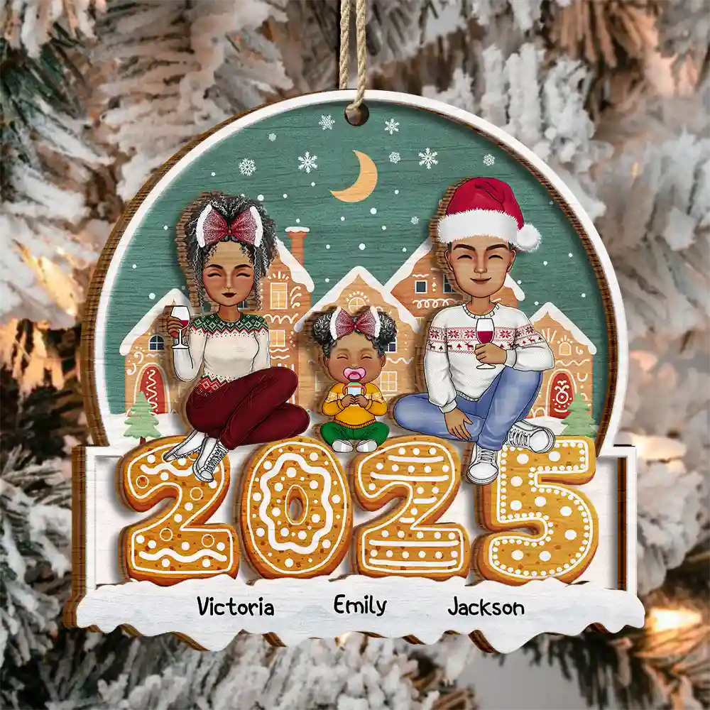 Family - 2025 Cartoon Family And Pet Gingerbread Cookies - Personalized 2-Layered Wooden Ornament