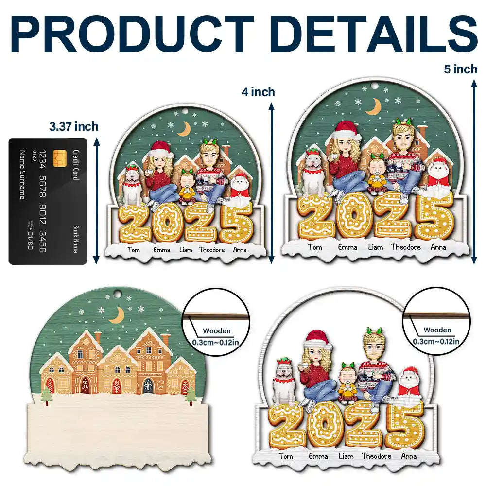Family - 2025 Cartoon Family And Pet Gingerbread Cookies - Personalized 2-Layered Wooden Ornament