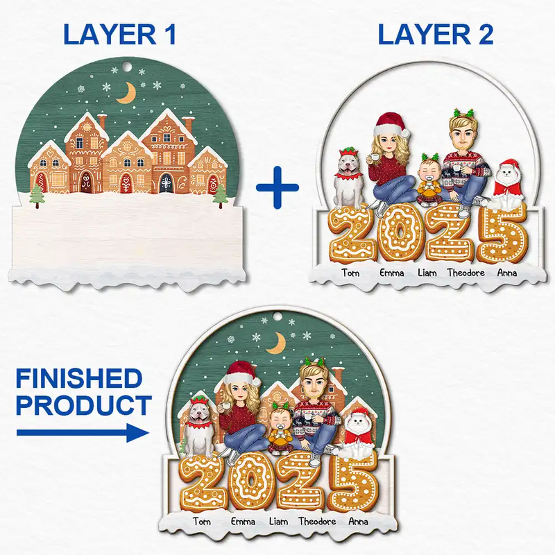 Family - 2025 Cartoon Family And Pet Gingerbread Cookies - Personalized 2-Layered Wooden Ornament