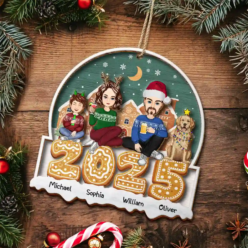 Family - 2025 Cartoon Family And Pet Gingerbread Cookies - Personalized 2-Layered Wooden Ornament