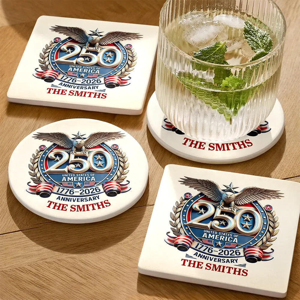 Independence Day,America 250th,Family,Gift For Yourself,Happy - 250th Anniversary Eagle US Independence Day - Personalized Ceramic Coaster