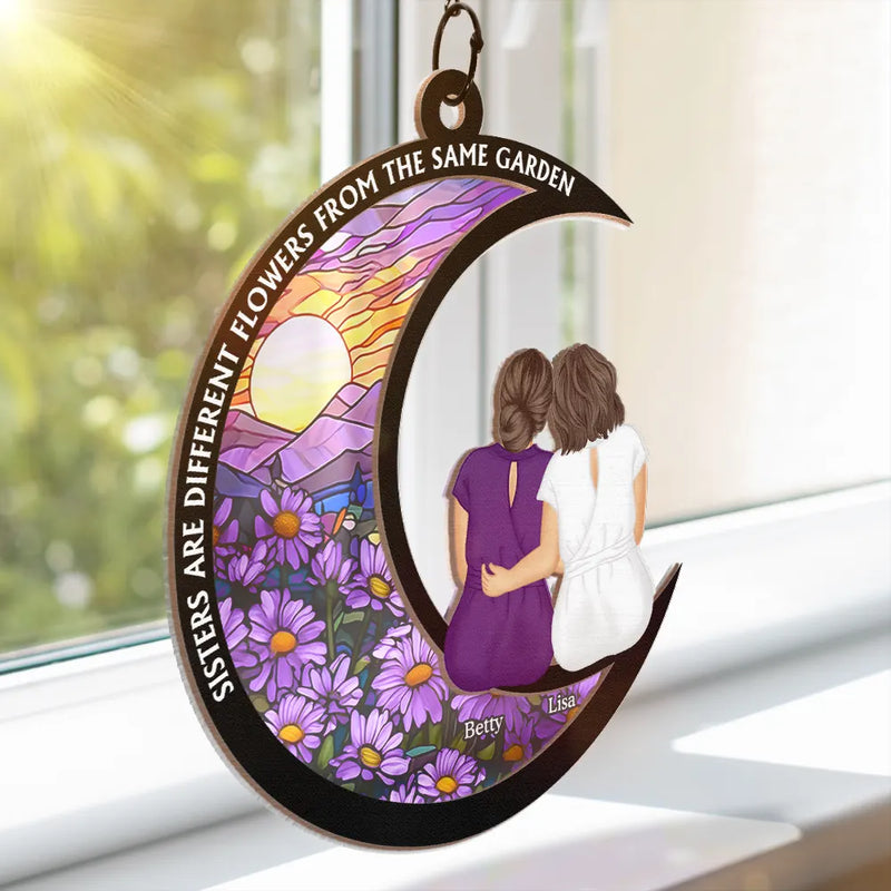 Gift For Bestie,Gift For Sisters,Love - Besties Sisters Are Like Stars Flowers In The Same Garden - Personalized Window Hanging Suncatcher Ornament