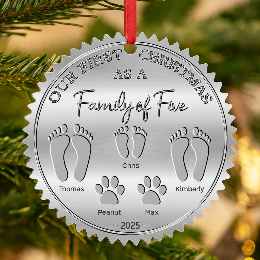 Family,Parents,Happy - First Christmas As A Family Of Four Footprints - Personalized Metal Ornament